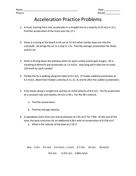 acceleration problems worksheet with answers pdf